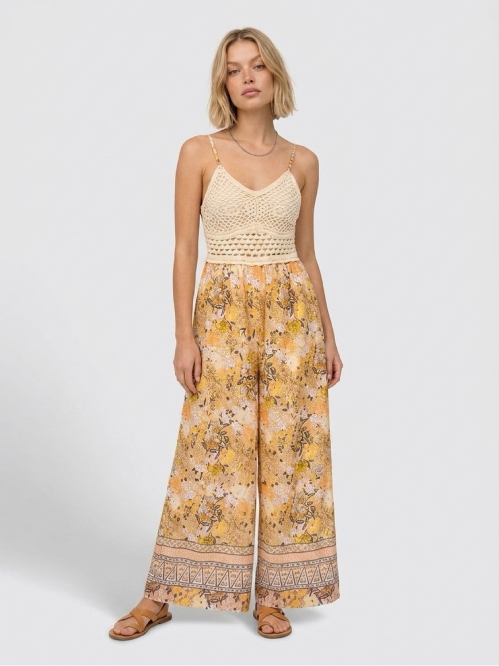 BOG Collective Floral Wide Leg Jumpsuit With Crochet Bodice Top Size XS Bohemian